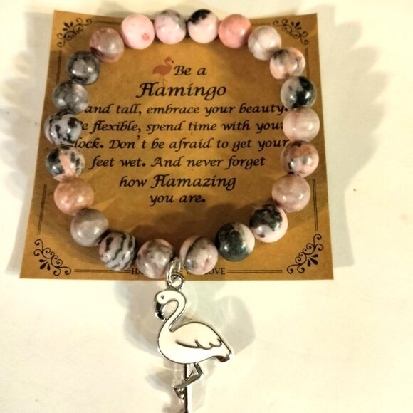Flamingo Charm Stretch Bracelet Flamazing Inspiration Pink Gray Tiger Stone Bead - Picture 1 of 5